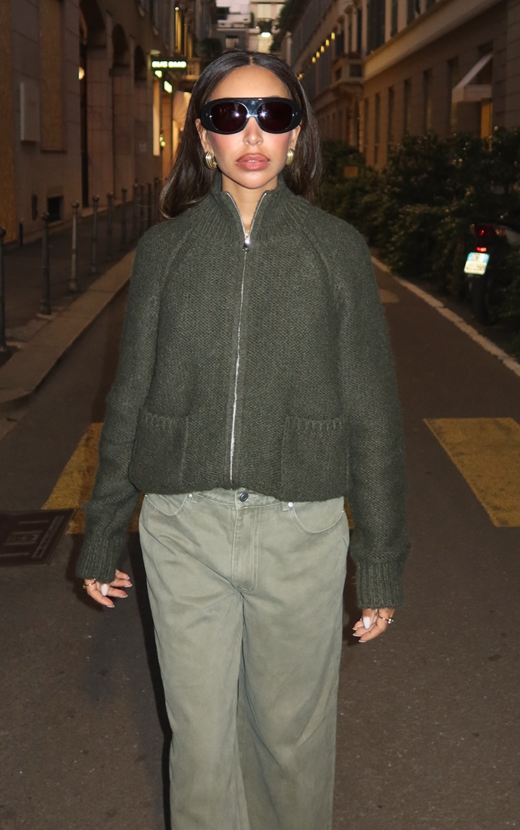 Olive Zip Up Pocket Detail Knitted Cardigan image 1