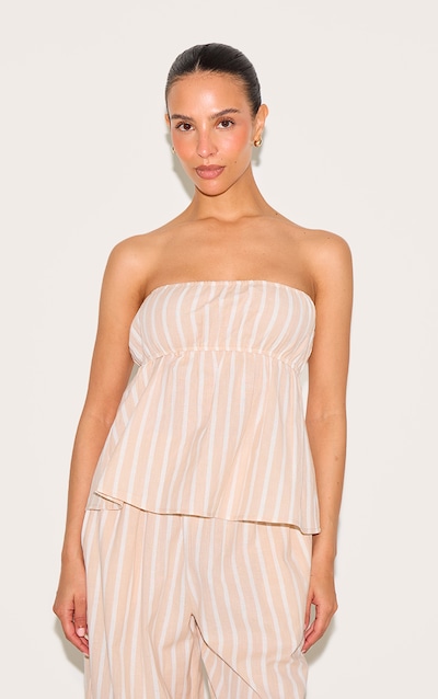 Petite Top bustier péplum en effet lin gris pierre à fines rayures