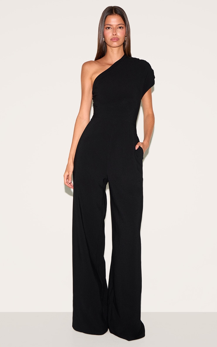 Black Asymmetric Ruched Wide Leg Jumpsuit image 1