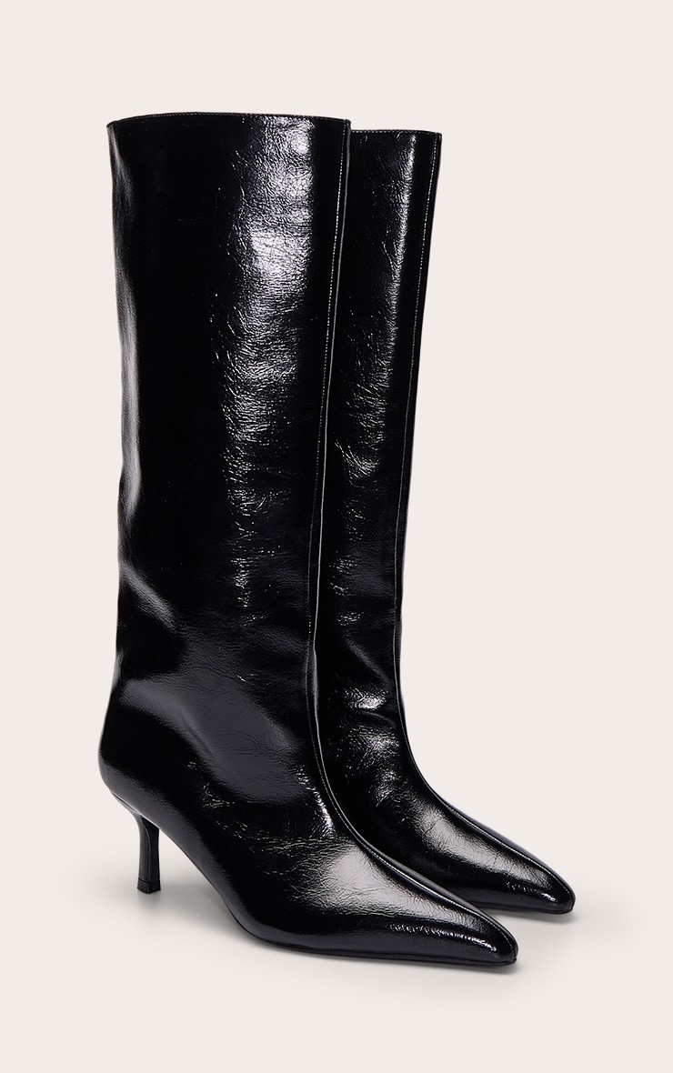 Black Crinkle PU Kitten Heeled Knee High Boot image 3