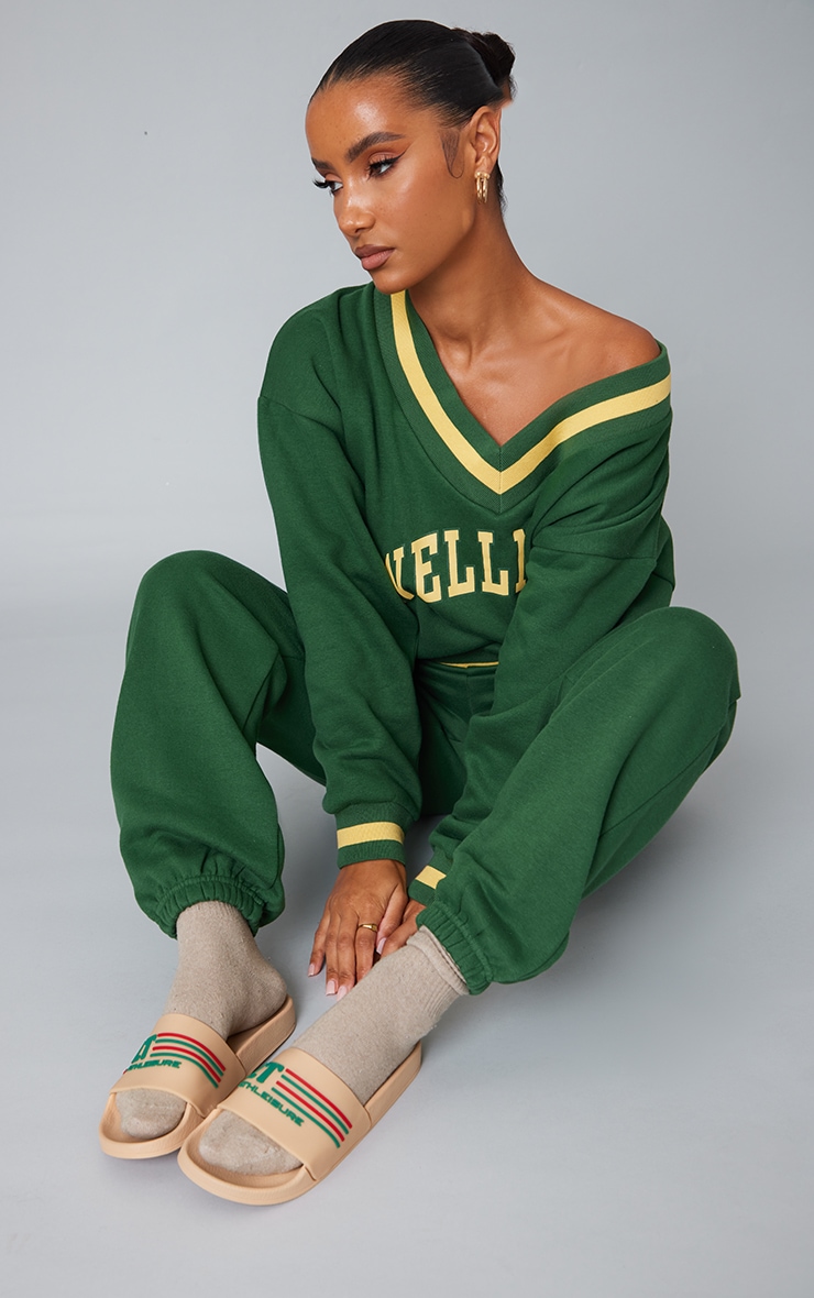 PRETTYLITTLETHING Forest Green Athleisure Embossed Sliders 1