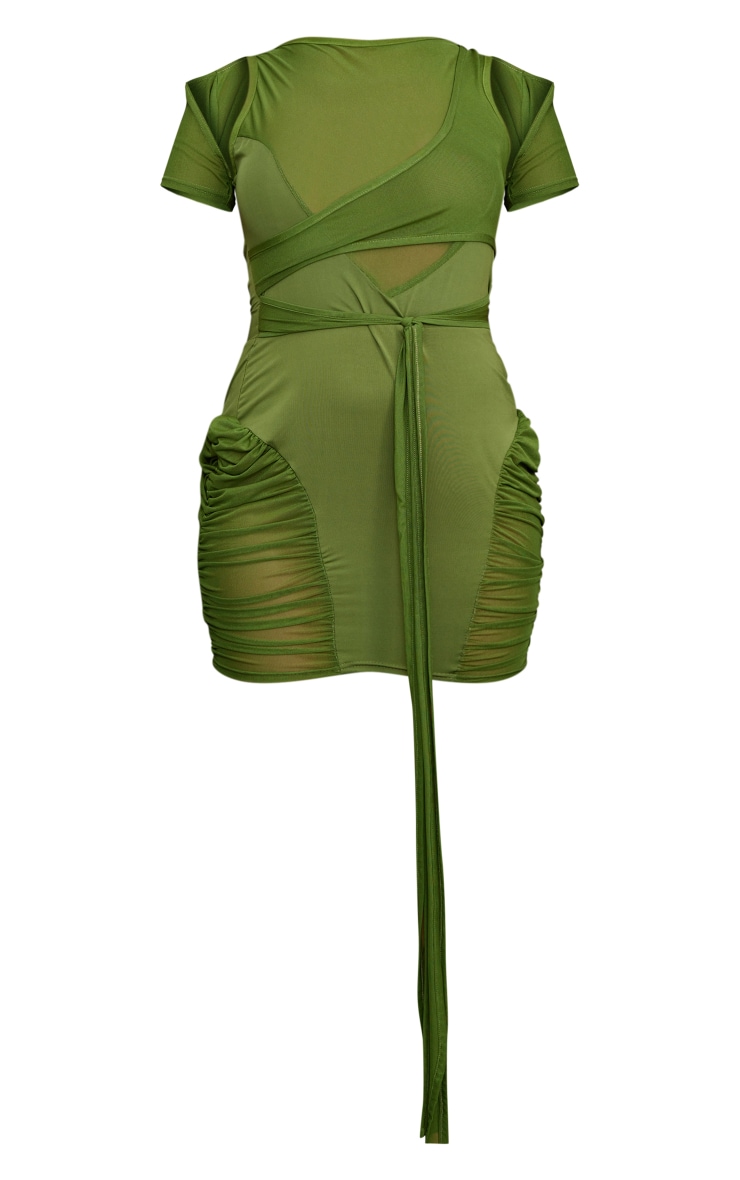 Khaki Slinky Tie Waist Mesh Insert Detail Bodycon Dress image 5