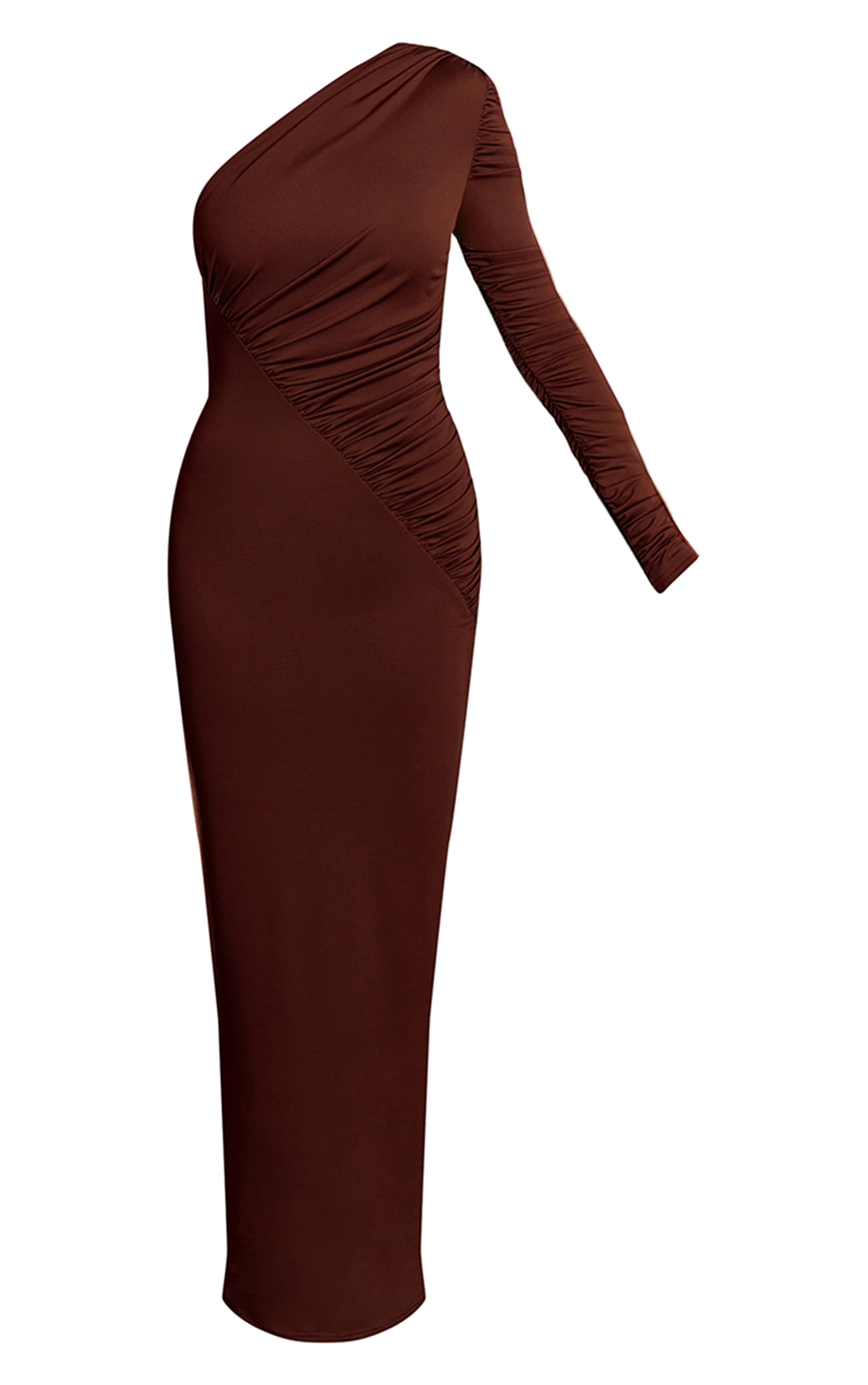 Dark Chocolate Slinky Asymmetric Ruched Seam Maxi Dress image 6
