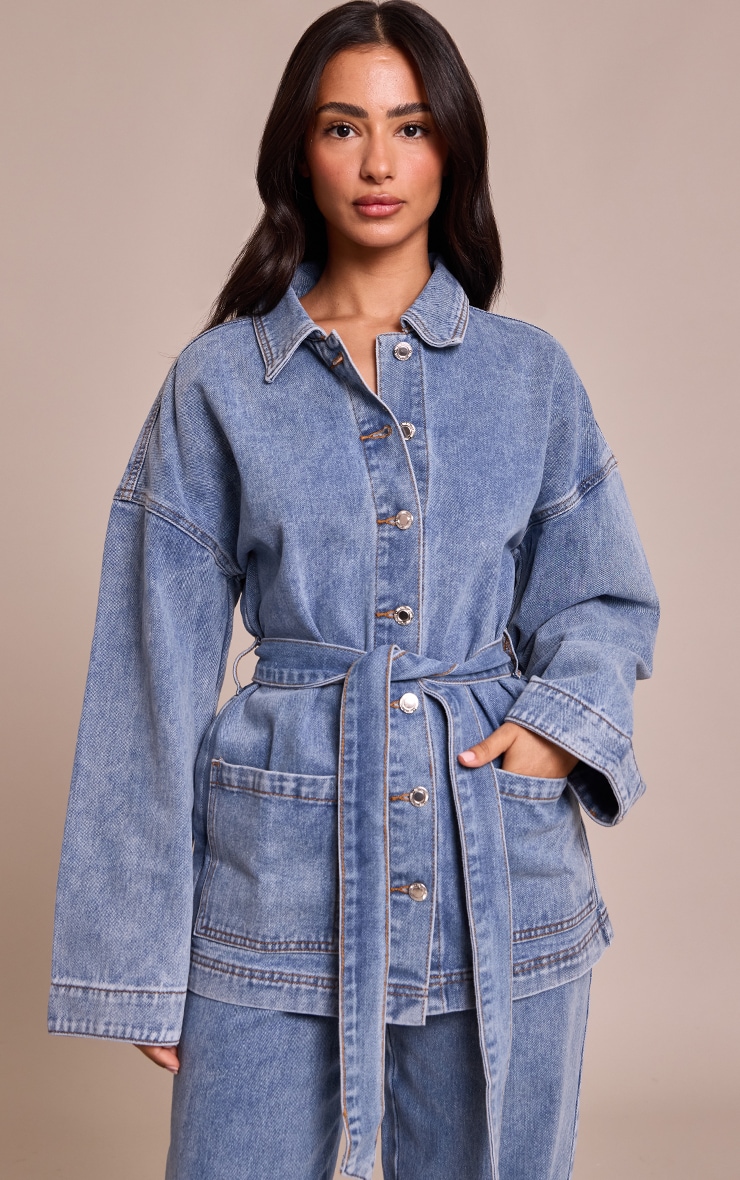 Petite Washed Mid Blue Denim Oversized Long Jacket image 4