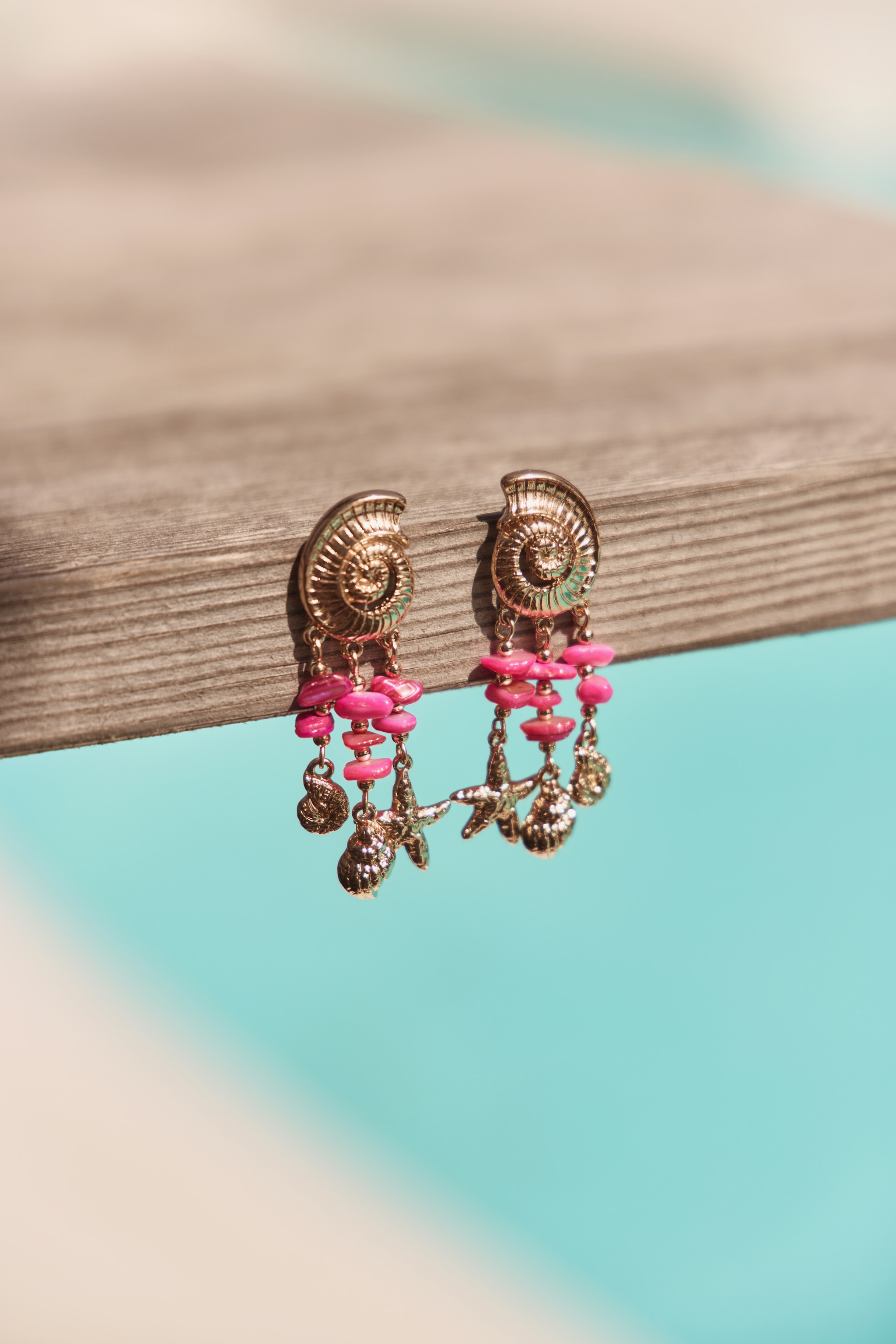 Gold Shell Magenta Beaded Drape Earrings