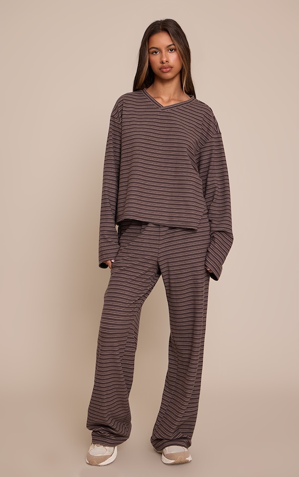 Petite Charcoal Stripe Soft Touch Drawstring Wide Leg Joggers 