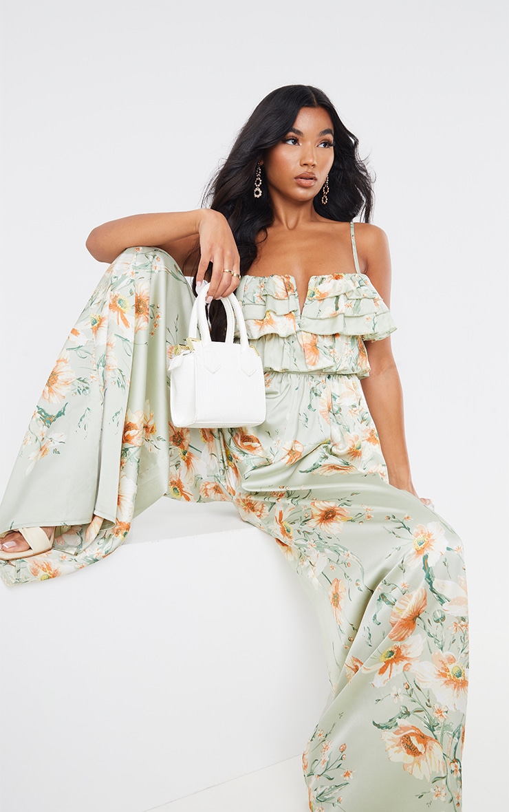 Sage Green Floral Strappy Ruffle Wide Leg Jumpsuit image 4