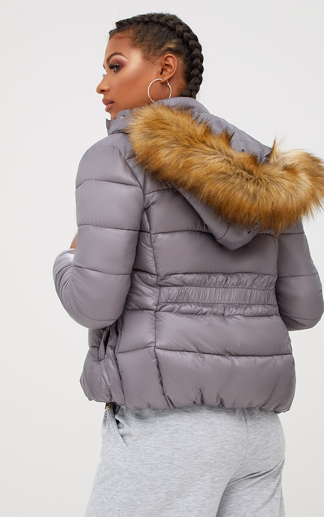 Grey Puffer Jacket with Faux Fur Hood. Coats & Jackets ... (637 x 1017 Pixel)