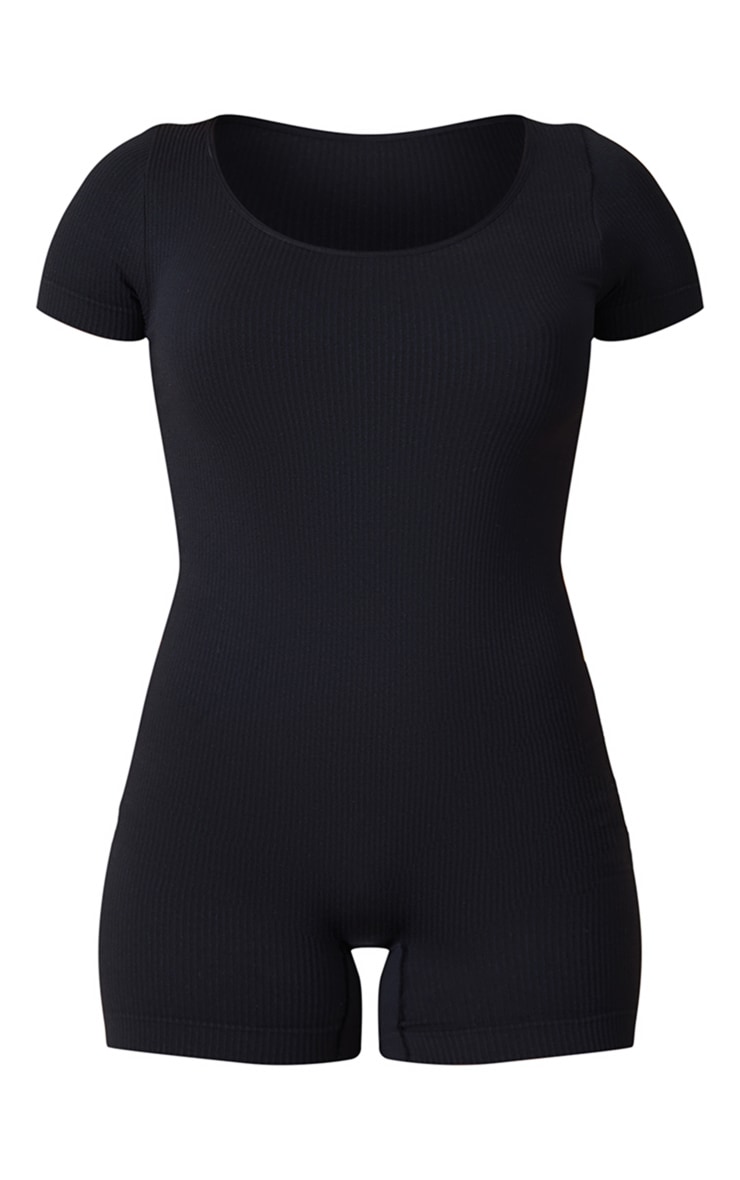 Black Structured Snatched Rib Scoop Neck Short Sleeve Unitard image 5