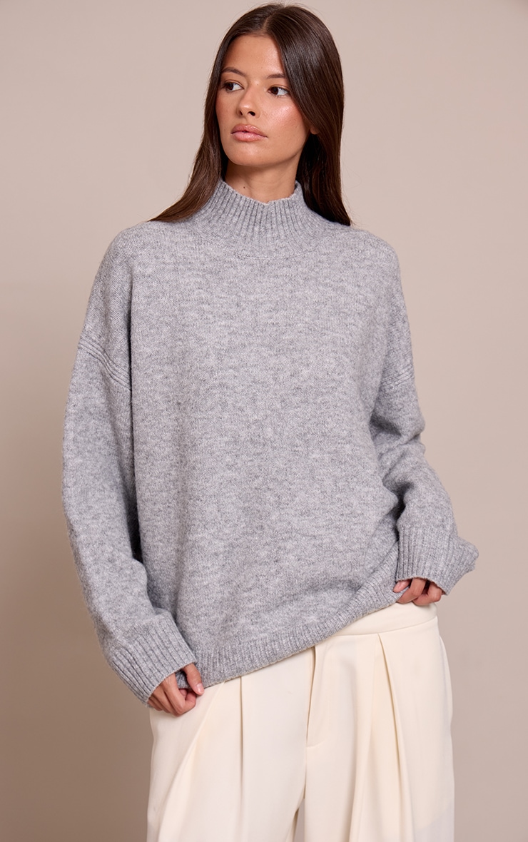 Light Grey Marl Oversized Polo Neck Knitted Sweater image 1