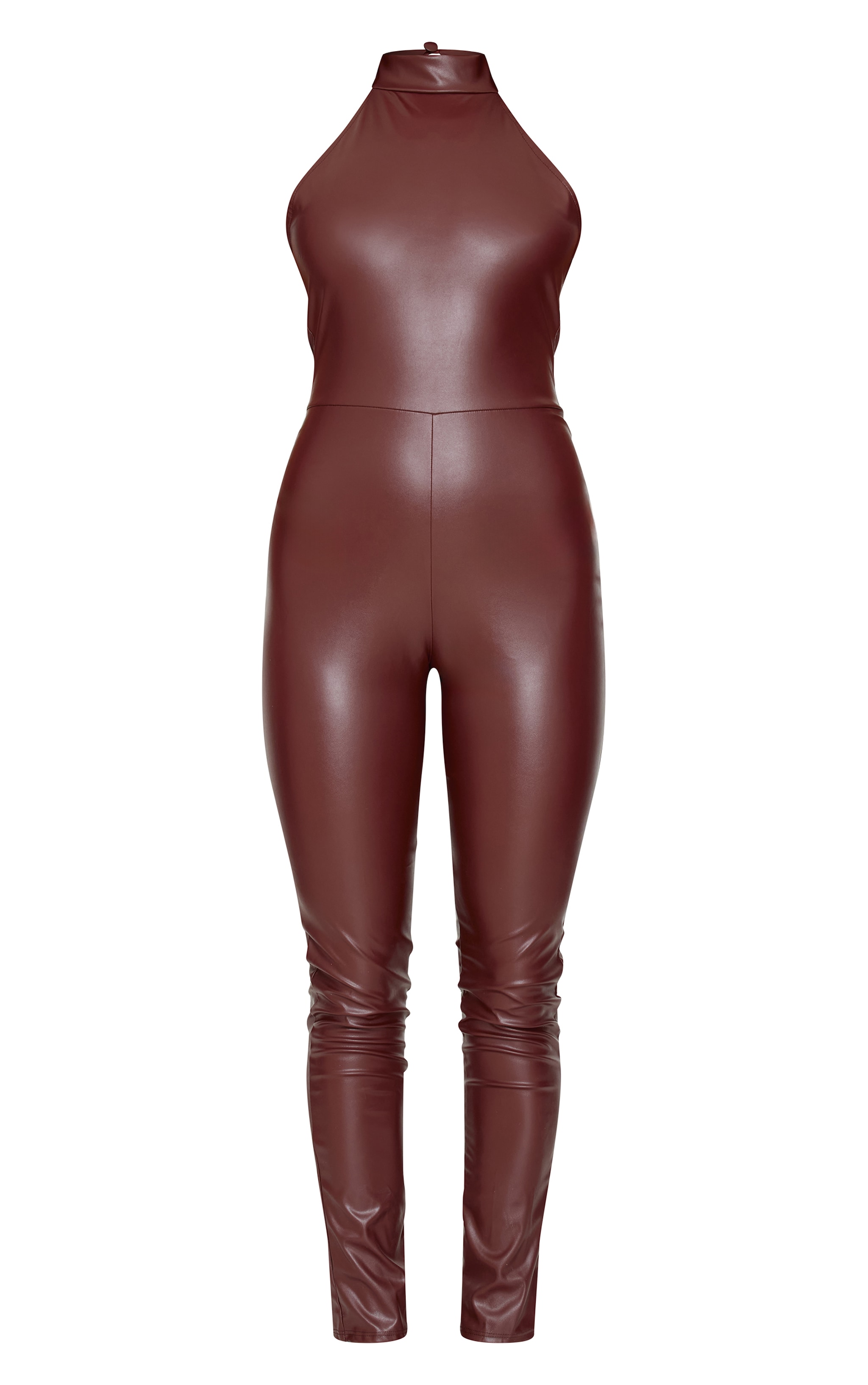 Chocolate Faux Leather Halterneck Back Tie Straight Leg Jumpsuit image 5