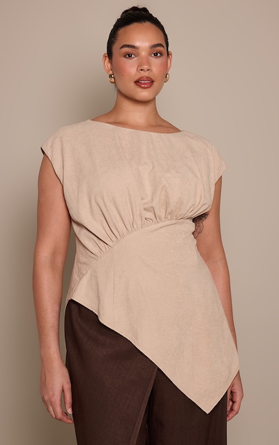 Plus Sand Peachskin Ruched Front Fitted Sleeveless Top