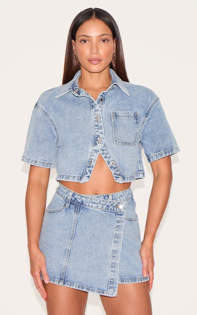 Tall Vintage Wash Button Up Short Sleeve Cropped Denim Shirt