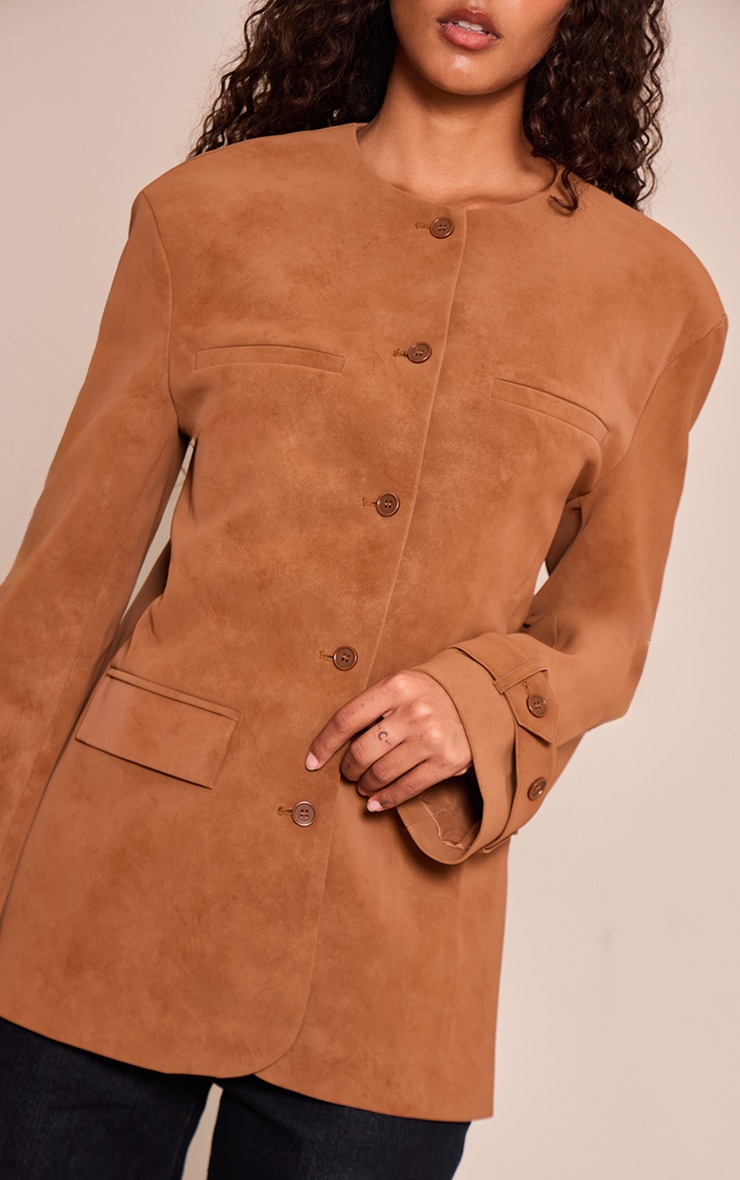 Tan Collarless Button Detail Faux Suede  Jacket image 4