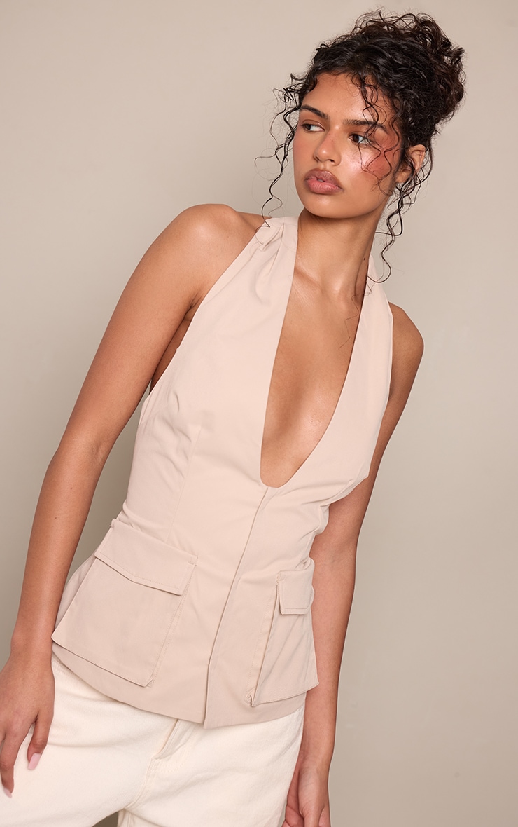 Stone Woven Utility Pocket Halterneck Top