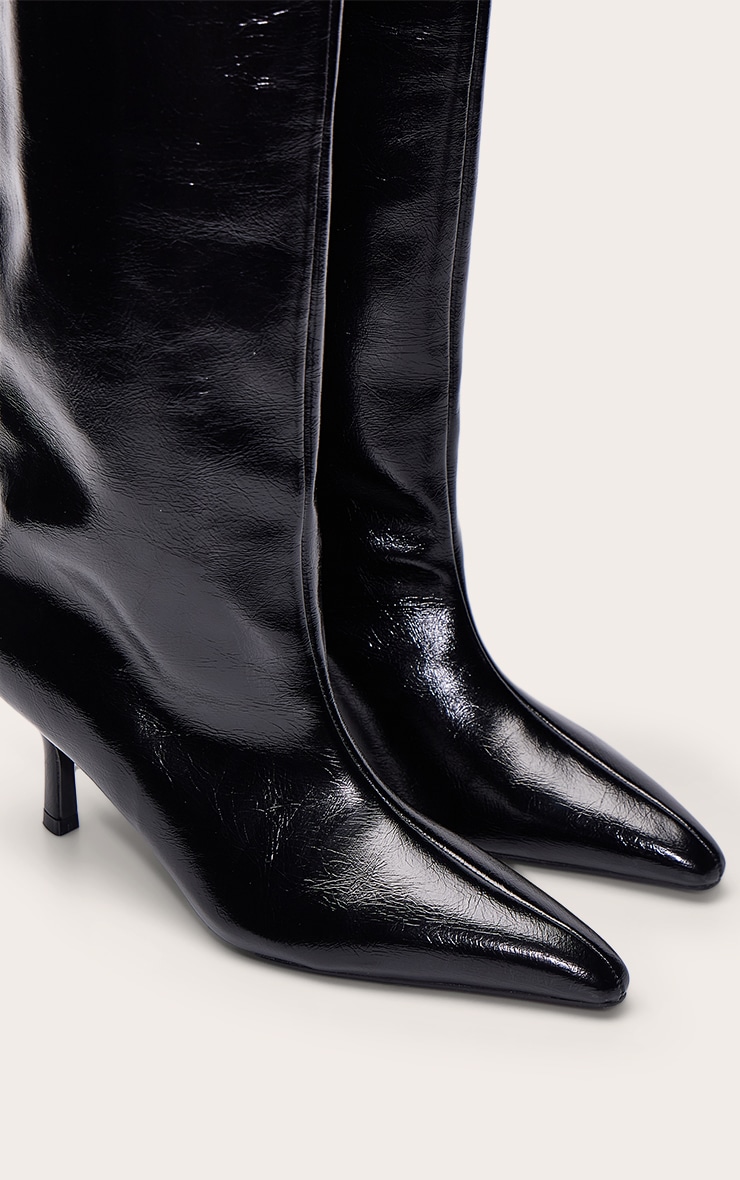 Black Crinkle PU Kitten Heeled Knee High Boot image 5