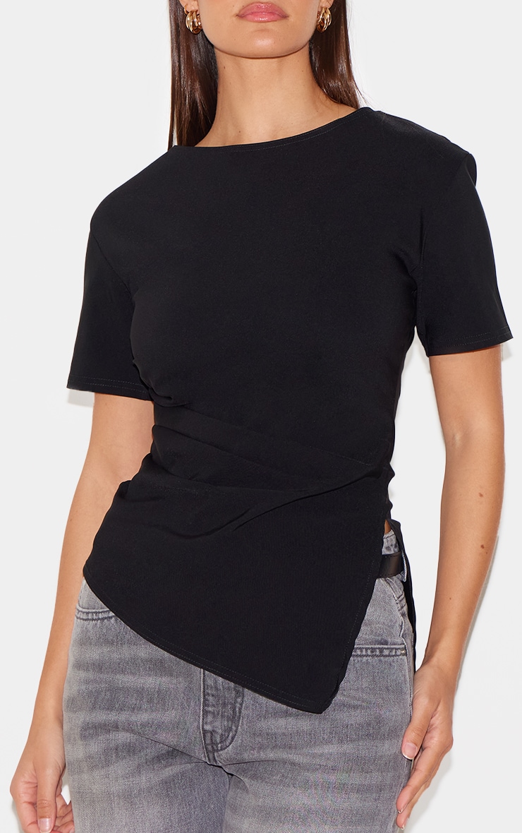 Black Bengaline Ruched Asymmetric Detail Long Top image 4