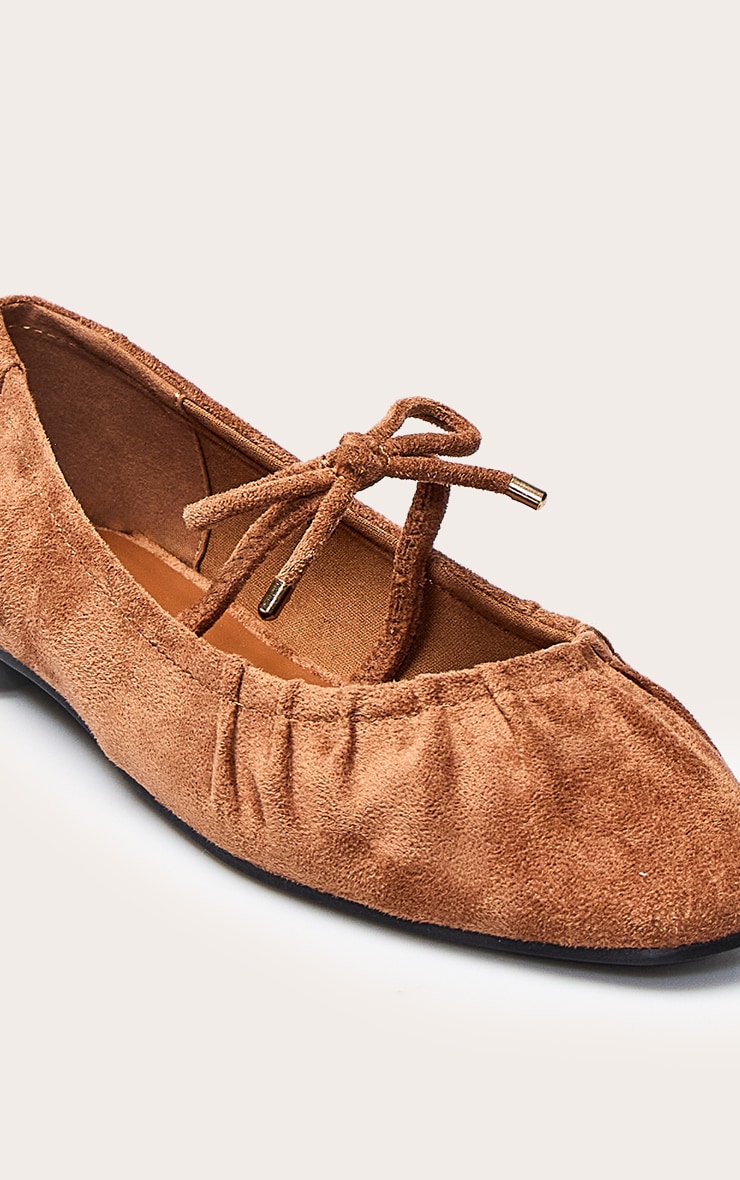 Tan Faux Suede Bow Ruched Square Toe Ballet Flats image 5
