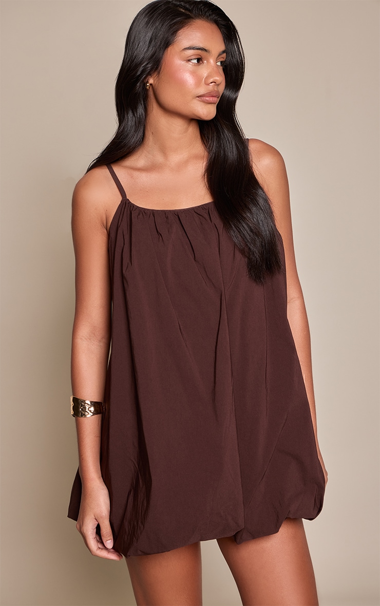 Chocolate Stretch Woven Strappy Puffball Mini Dress