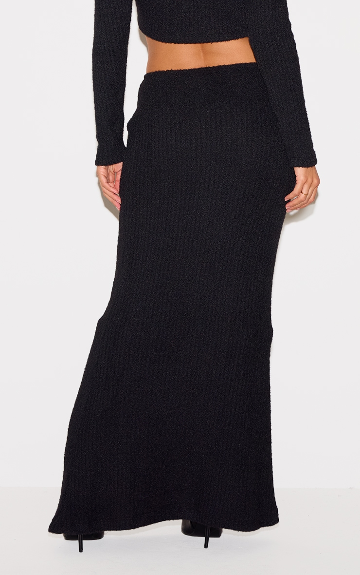 Black Textured Soft Rib Mid Rise Maxi Skirt image 3