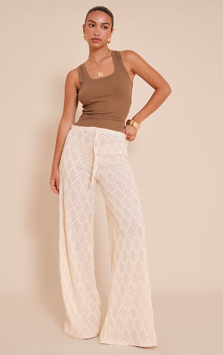 Cream Textured Crochet Drawstring Pants image 1