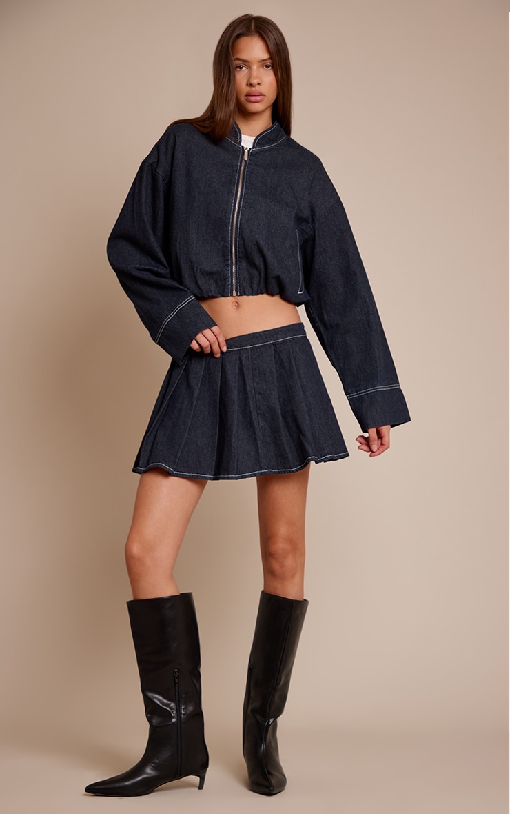 Indigo Bubble Hem Cropped Denim Bomber Jacket image 3