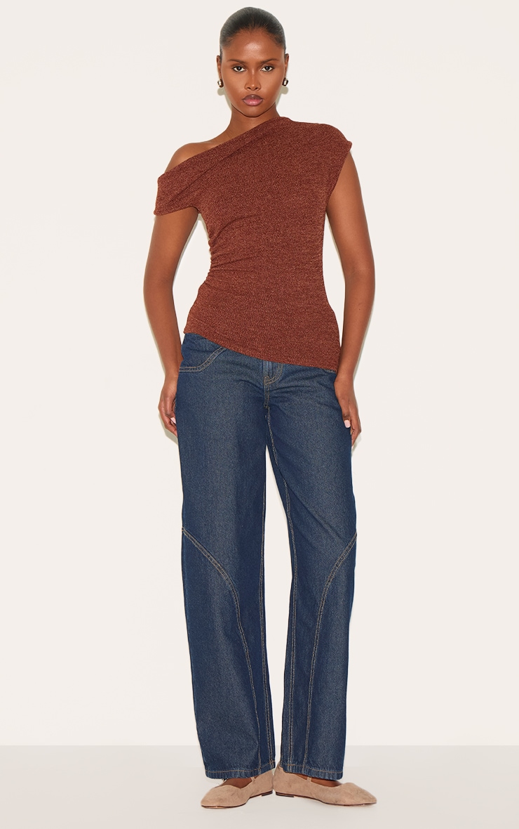 Brown Textured Ruched Asymmetric Longline Top image 3