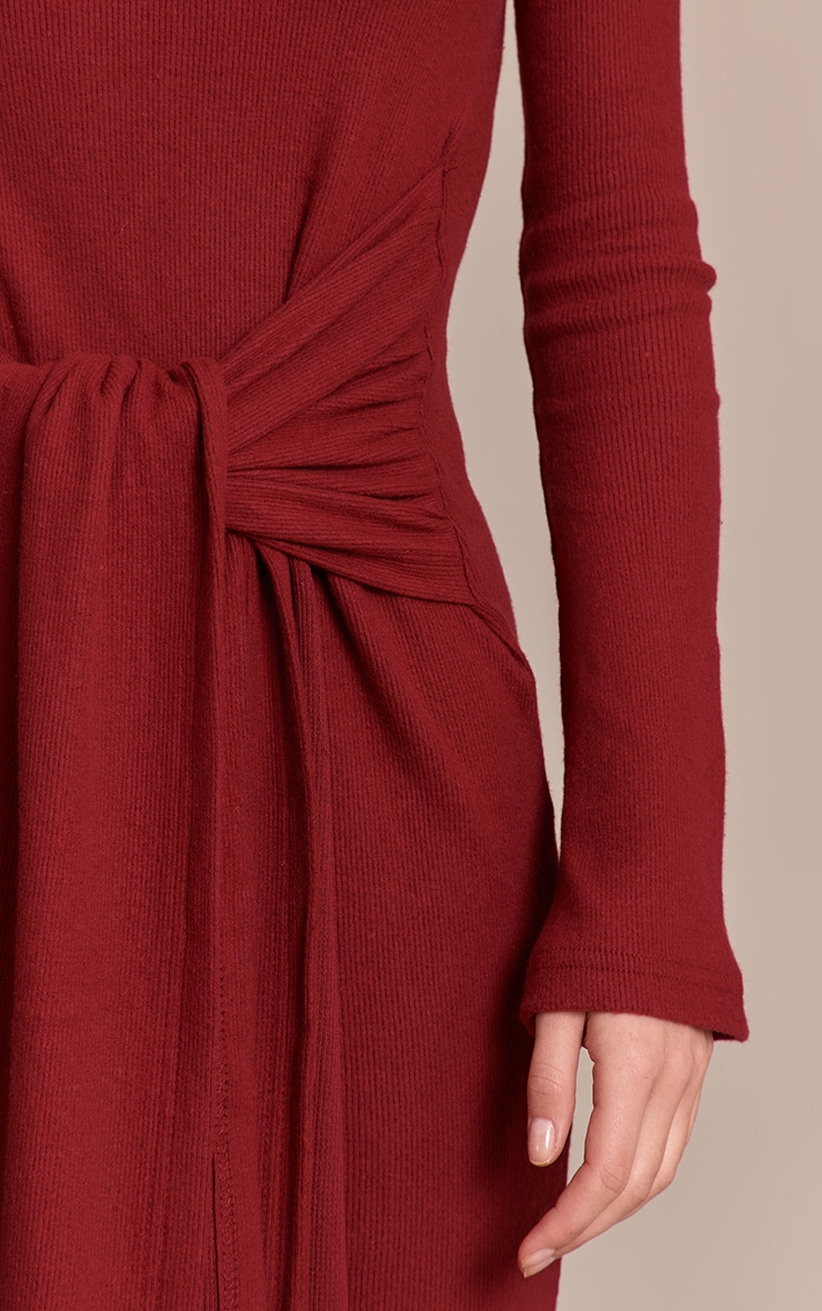 Wine Heavy Brushed Rib Wrap Tie Maxi Dress image 4