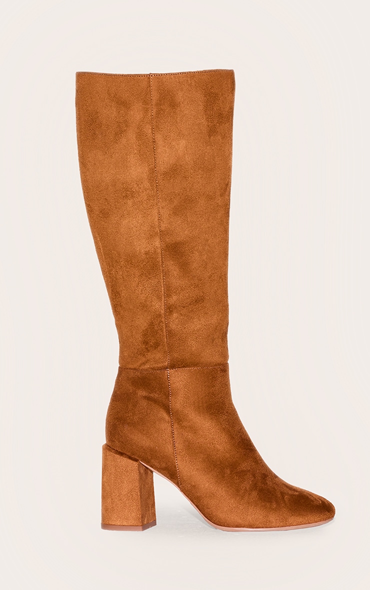 Tan Faux Suede Wide Fit Round Toe Block Heel Knee High Boots image 1