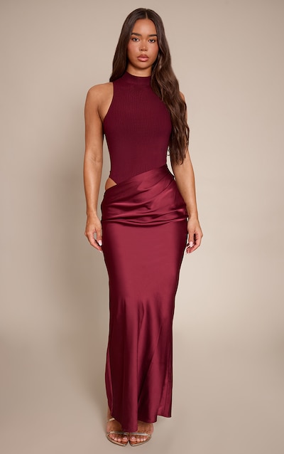 Plum Mesh Racer Satin Skirt Maxi Dress