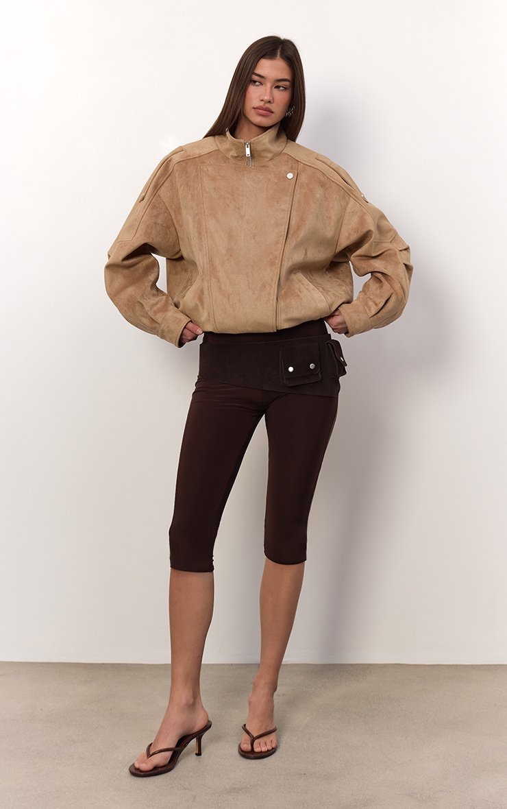Sand Funnel Neck Low Belt Soft Suede Biker Jacket image 4
