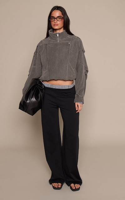 Black Cotton Checked Waistband Detail Jersey Wide Leg Pant