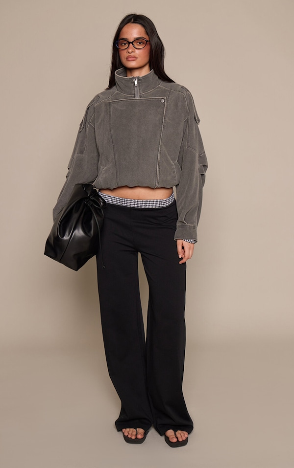 Black Cotton Checked Waistband Detail Jersey Wide Leg Trouser