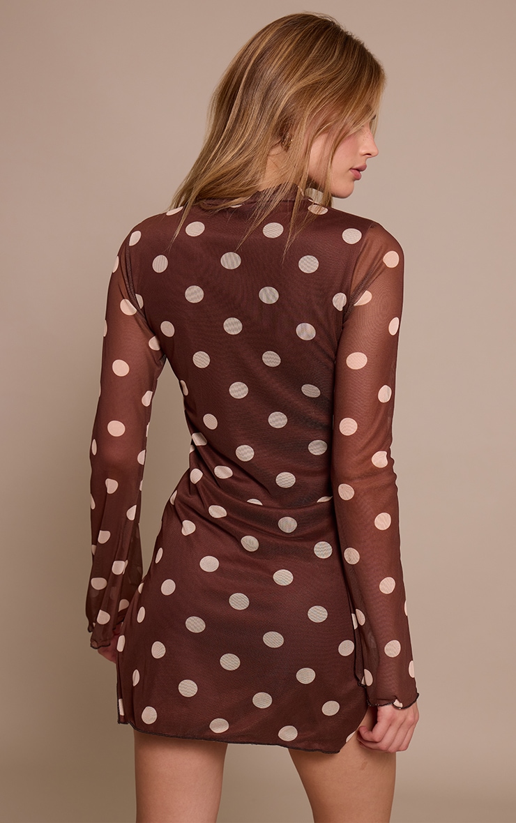 Brown Polka Dot Print High Neck Flared Sleeve Shift Dress image 2