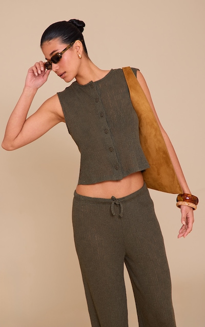 Khaki Textured Button Up Waistcoat