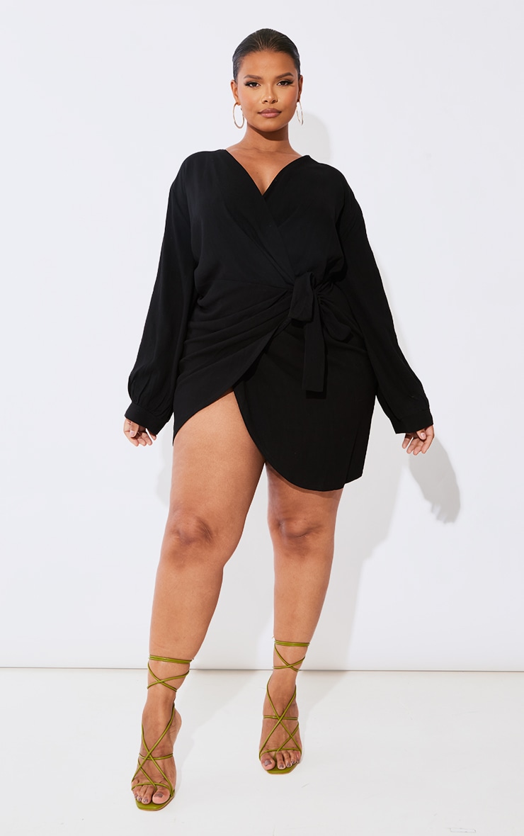 Plus Black Linen Look Wrap Dress