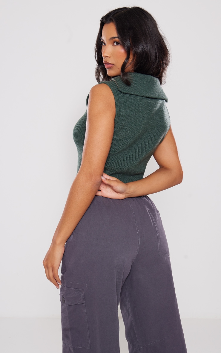 Deep Teal High Neck Half Zip Knit Sleeveless Top image 2