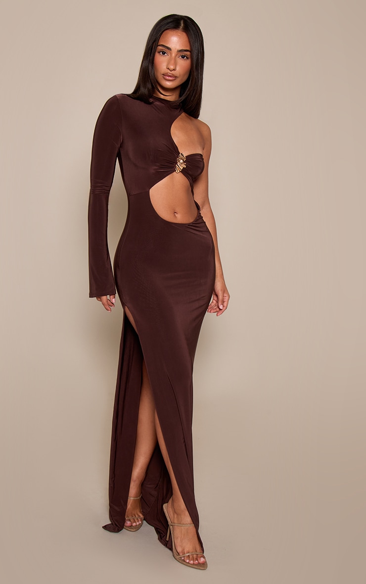 Petite Chocolate Cut Out Trim Detail Long Sleeve Slinky Maxi Dress image 1