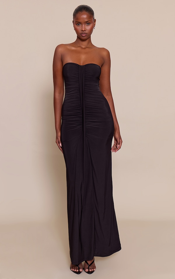 Black Ruched Drape Detail Slinky Maxi Dress