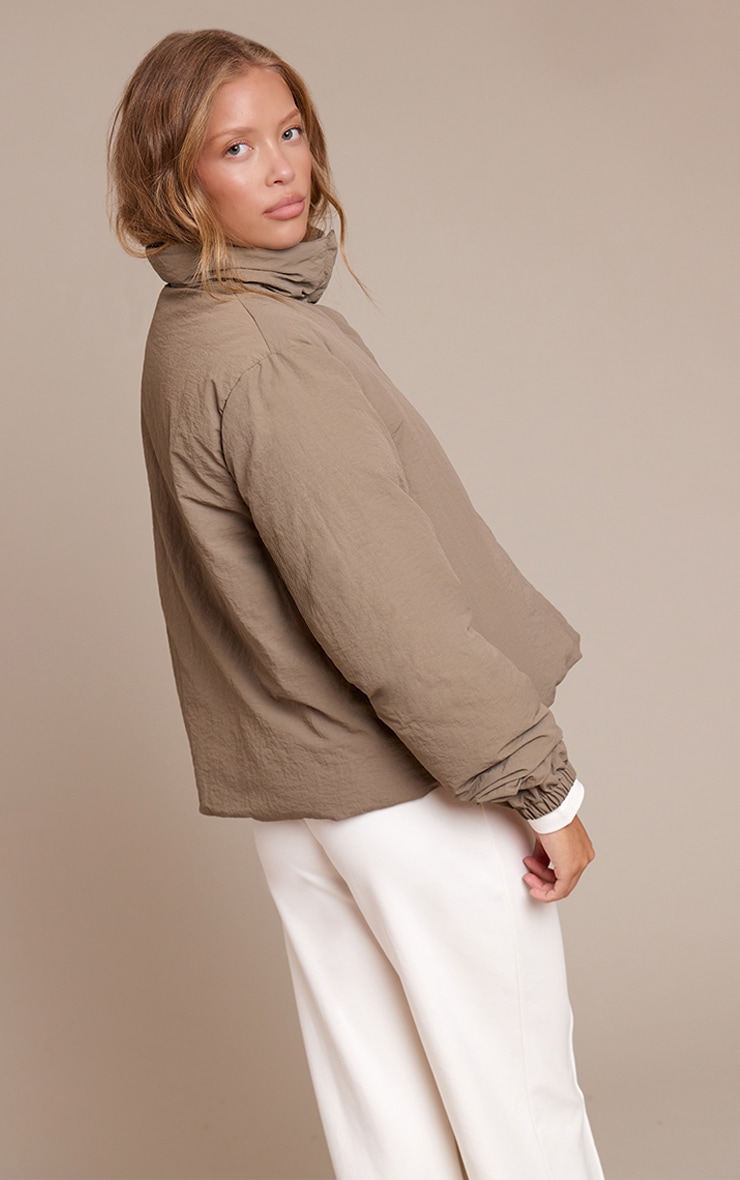 Washed Khaki High Neck Tie Waist Quilted Jacket image 2