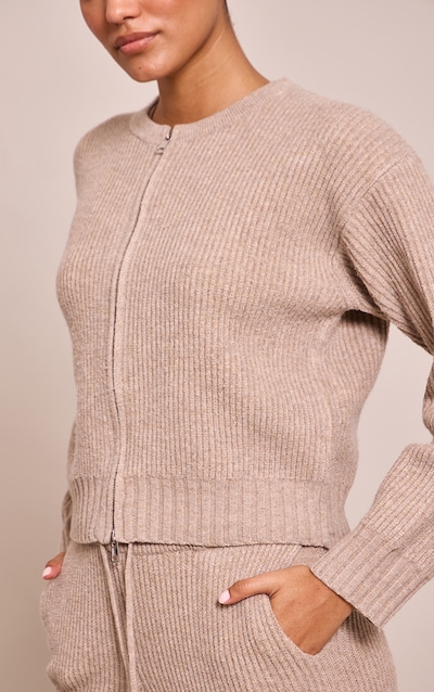 Taupe Brushed Rib Knit Zip Through Cardigan