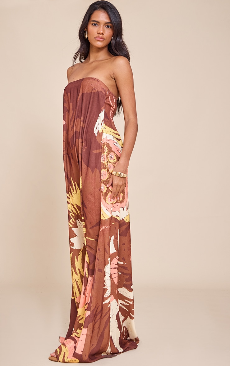 Brown Printed Oversized Bandeau Shift Maxi Dress image 3