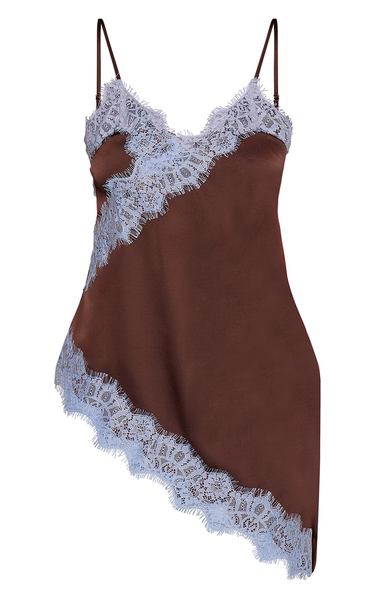 Chocolate Satin Contrast Lace Detail Asymmetric Long Top image 5