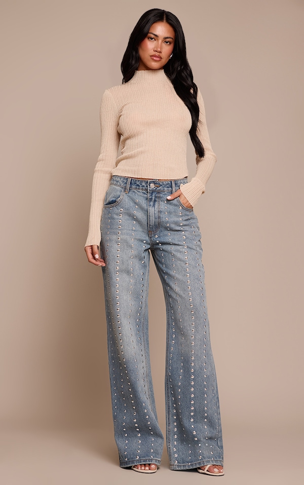 Mid Blue Diamante High Waisted Denim Jeans