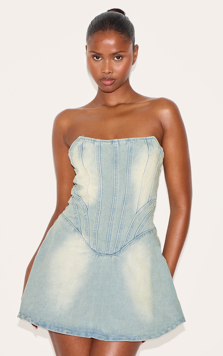 Light Blue Wash Seam Detail Mini Dress image 3