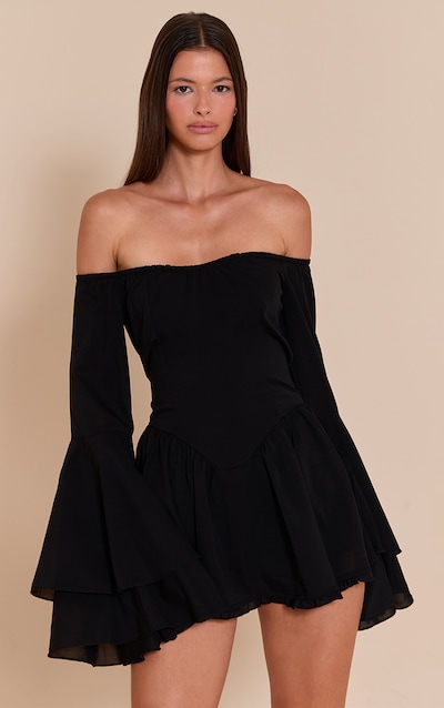 Black Bardot Flare Sleeve Playsuit