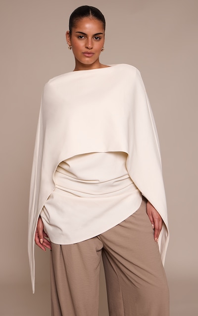 Plus Ecru Woven Cape Detail Ruched Long Top