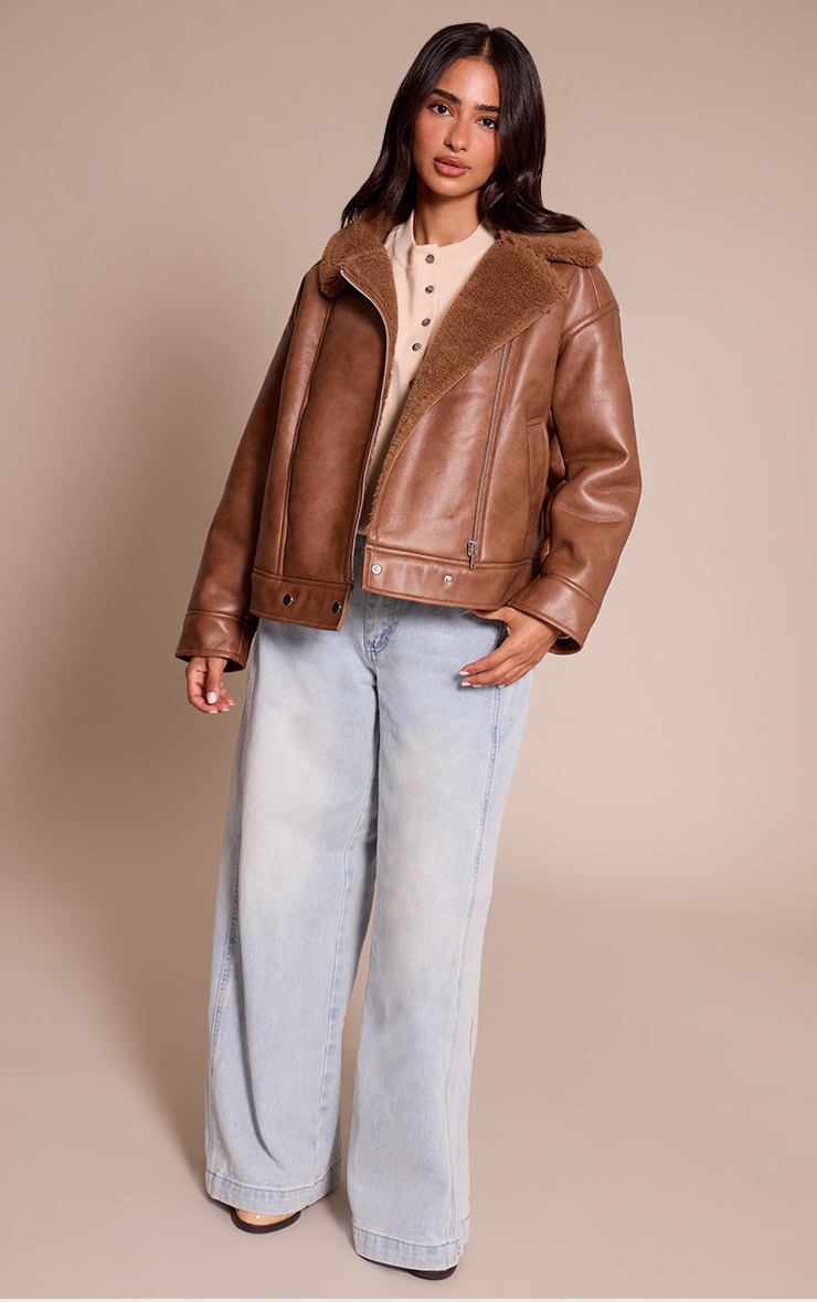 Petite Aviateur en PU marron à col en imitation mouton image 3