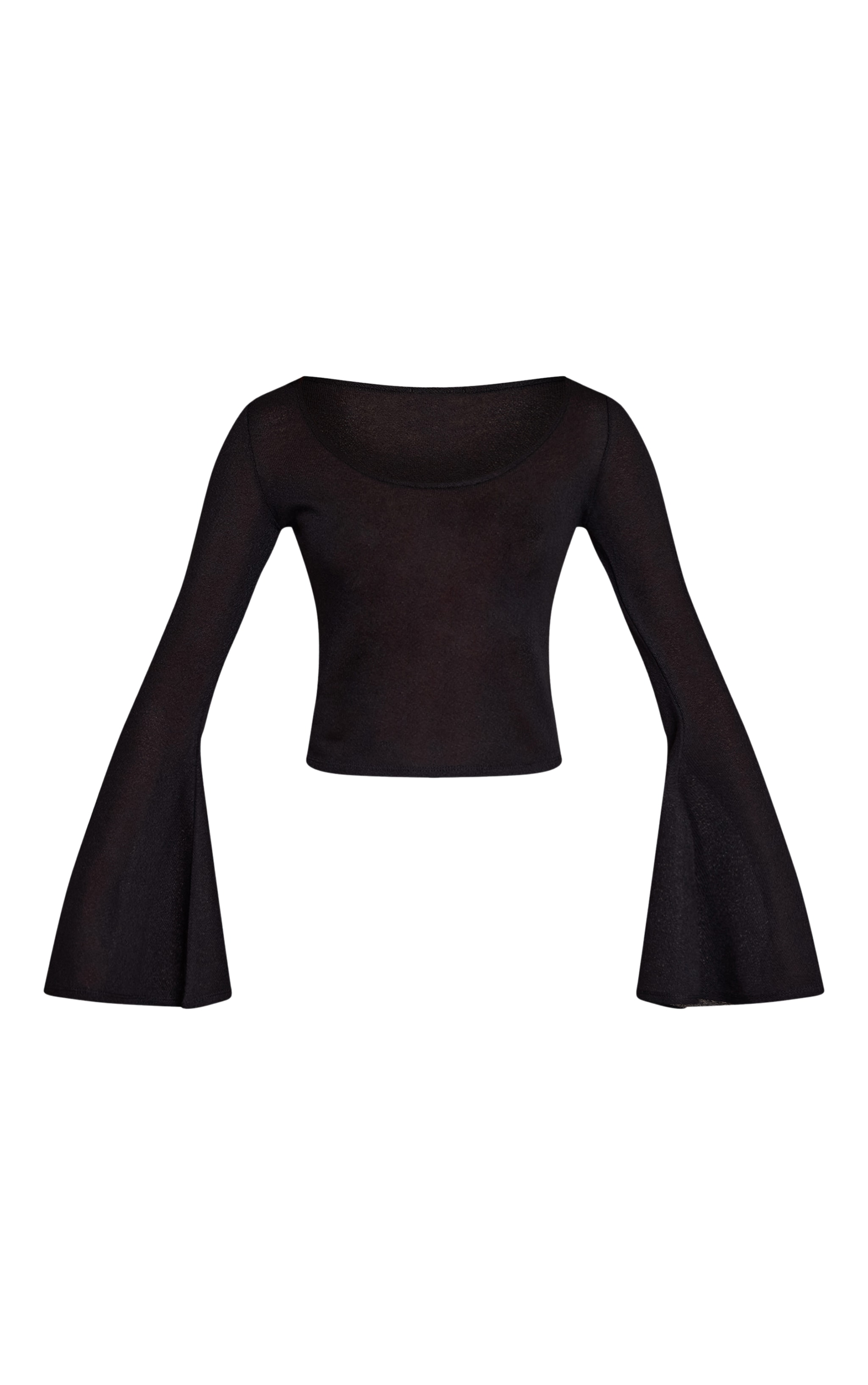 Black Textured Jersey Scoop Neck Flared Long Sleeve Top image 5
