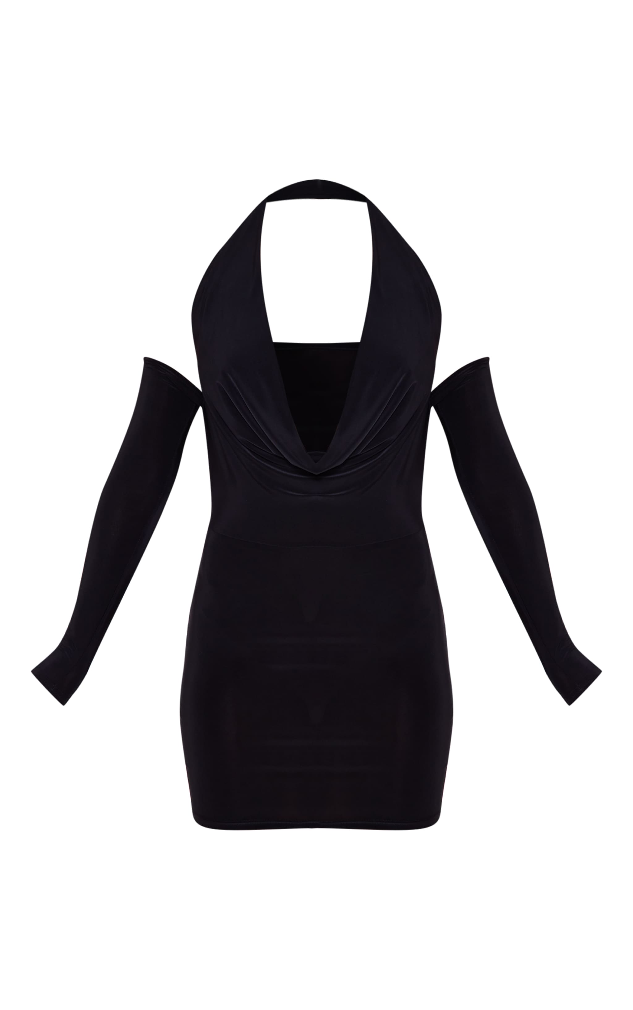 Black Slinky Cowl Halter Detail Cold Shoulder Bodycon Dress image 1